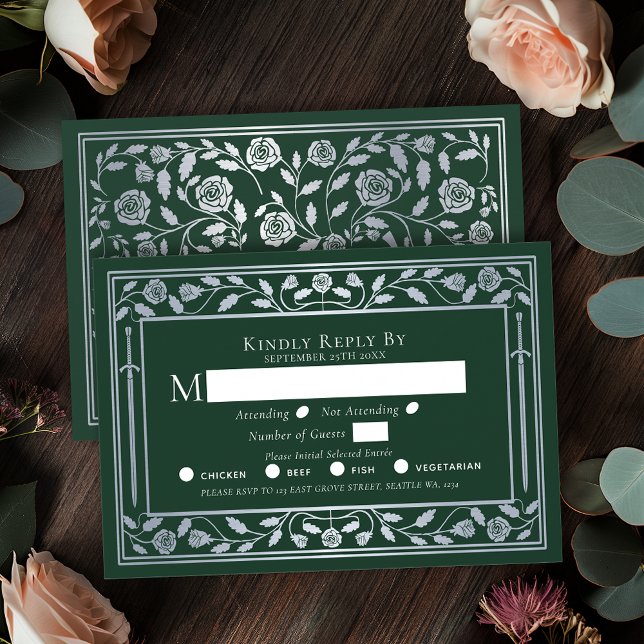 Silver Green Medieval Sword Wedding RSVP Card (Creator Uploaded)