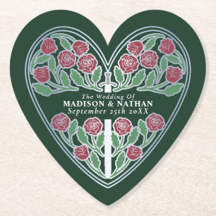 Silver Green Royal Medieval Floral Sword Wedding Paper Coaster