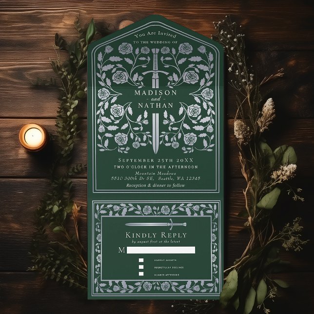 Silver Green Royal Medieval Sword Wedding  All In One Invitation (Creator Uploaded)