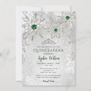 Silver Green Snowflakes Tiara Quinceañera Invitation