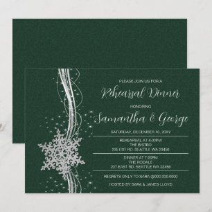 Silver Green Snowflakes Winter Rehearsal Dinner Invitation