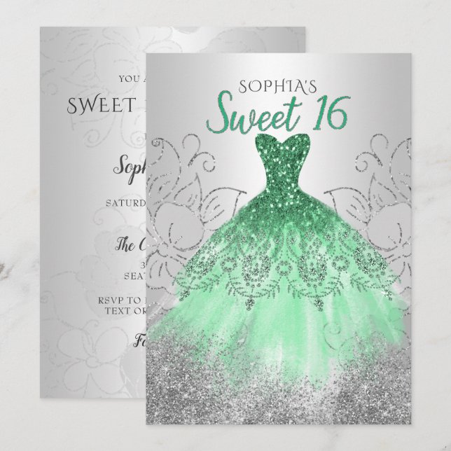 Silver Green Sparkle Dress Sweet 16 birthday Invitation (Front/Back)