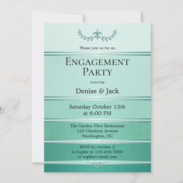 Silver Green Tone on Tone Striped Engagement Party Invitation (Front)