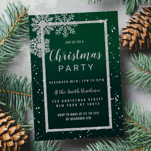 Silver green white snowflakes Christmas Party Invitation