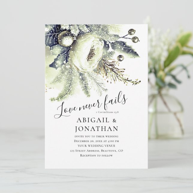 Silver Green Winter Floral Christian Bible Wedding Invitation (Standing Front)