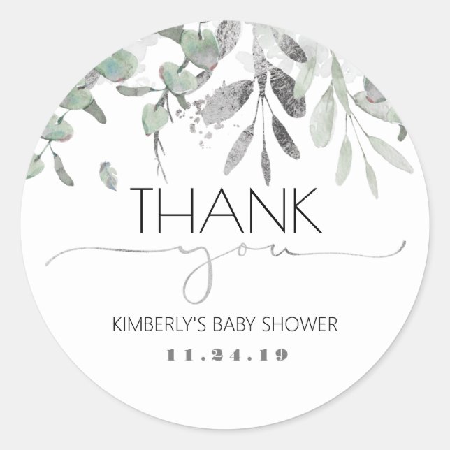 Silver Greenery Baby Shower Classic Round Sticker (Front)
