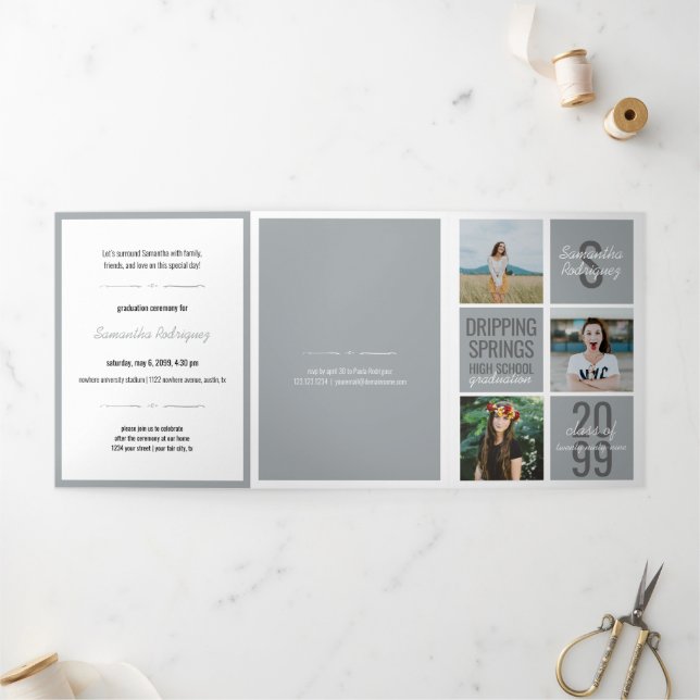 Silver Grey 5-Photo Fun Boxes Graduation Tri-Fold Invitation (Outside)