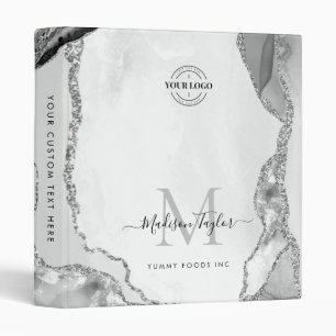 Silver Grey Agate Geode Monogram Business Logo Binder