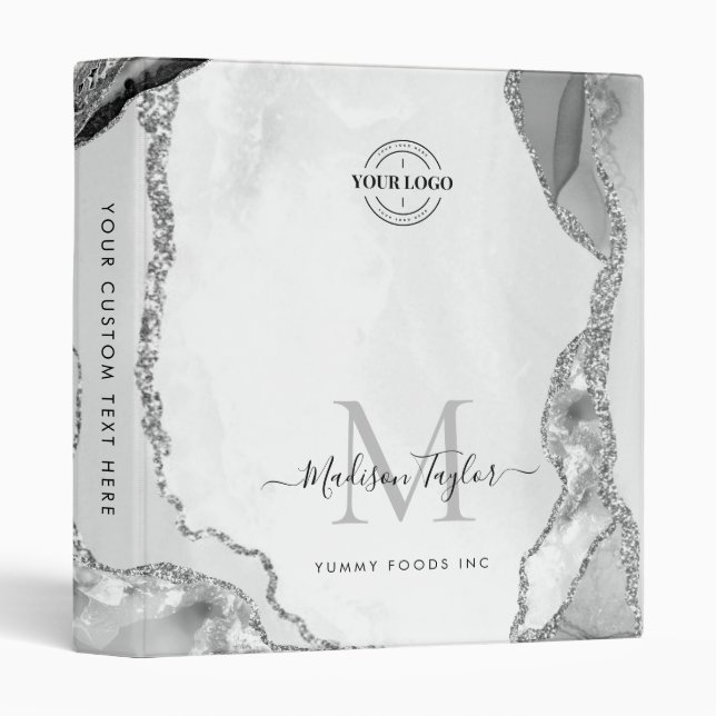 Silver Grey Agate Geode Monogram Business Logo Binder (Front/Spine)