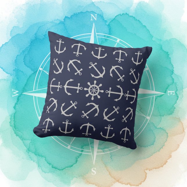 Silver Grey Anchor Navy Blue Throw Pillow (Stylish nautical throw pillow! ⚓)