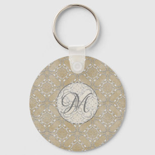 Silver Grey and Beige Metallic Filagree Pattern Keychain