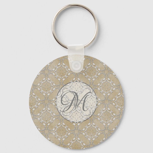 Silver Grey and Beige Metallic Filagree Pattern Keychain (Front)