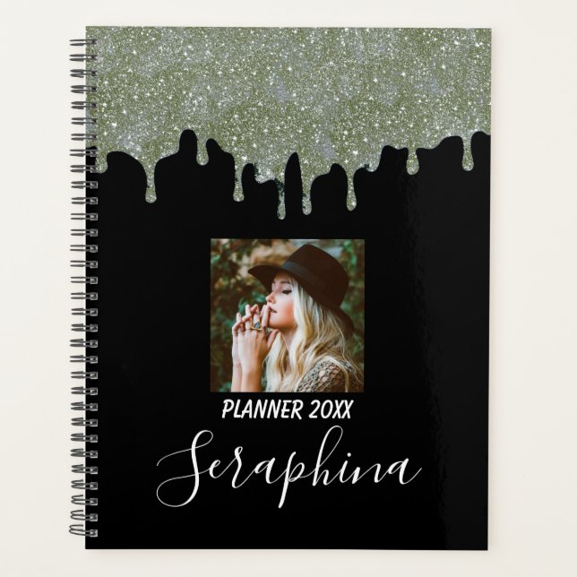 SIlver Grey and Black Custom Photo Glitter Drips Planner (Front)
