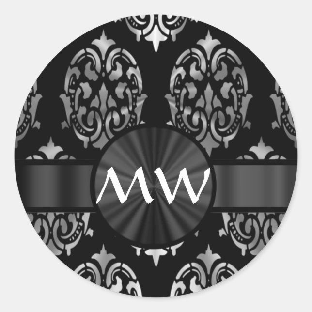 Silver grey and black damask pattern classic round sticker (Front)