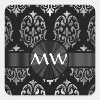 Silver grey and black damask pattern square sticker