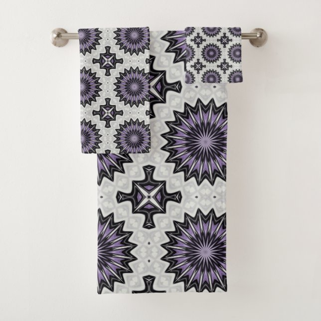 Silver Grey and Lilac Bold Repeat Tile Pattern Bath Towel Set (Insitu)