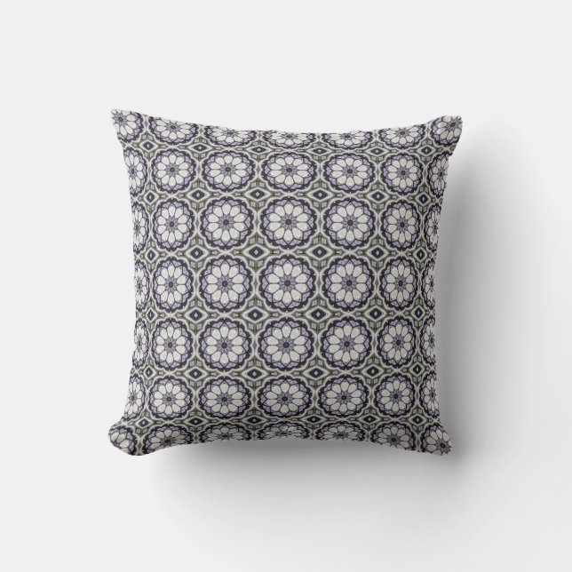 Silver Grey and Lilac Floral Pattern Throw Pillow (Front)