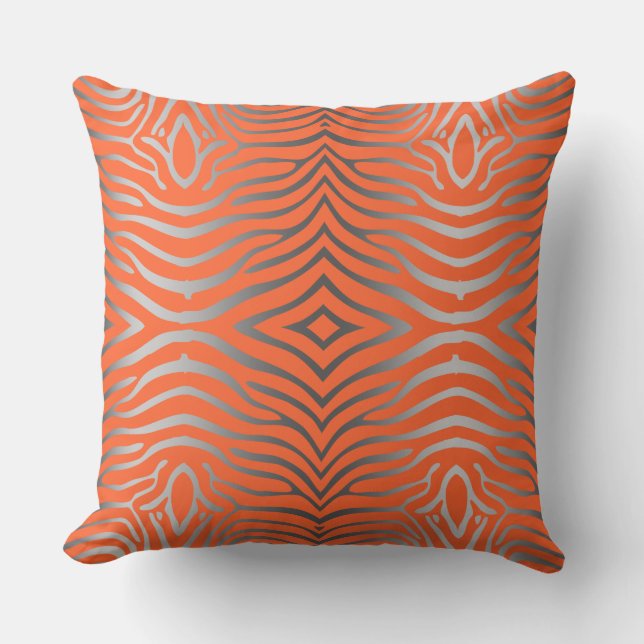 Silver Grey And Orange Zebra Stripes Throw Pillow (Front)
