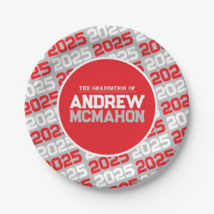 Silver Grey and Red Personalized Graduation Paper Plate