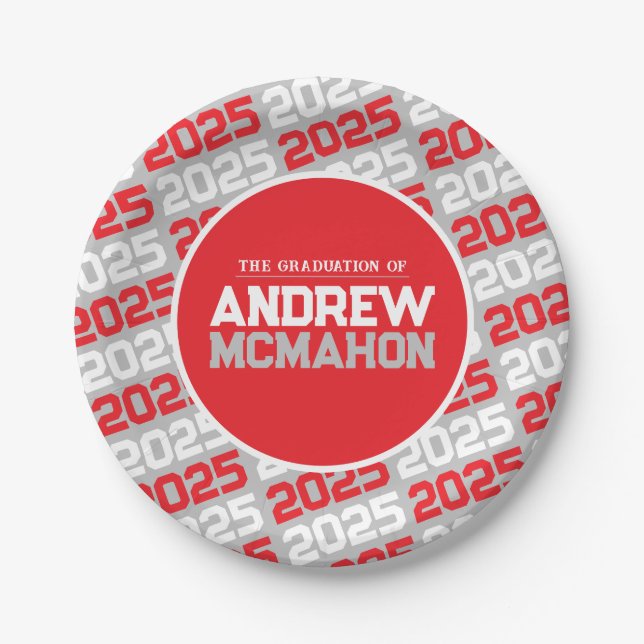 Silver Grey and Red Personalized Graduation Paper Plate (Front)
