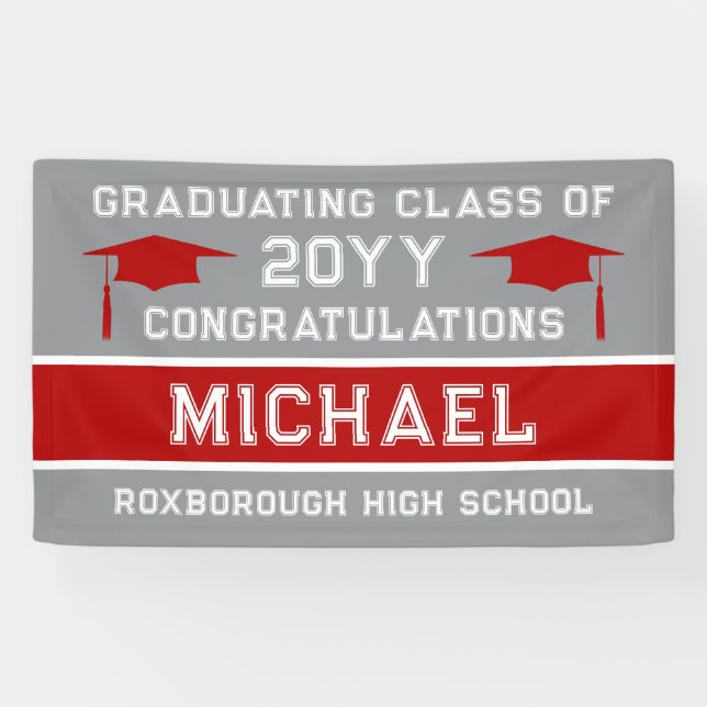 Silver Grey and Red School Colours Graduation Banner (Horizontal)