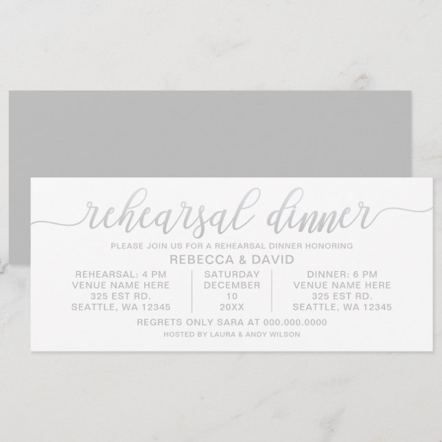 silver grey and white Calligraphy Rehearsal Dinner Invitation (Front/Back)
