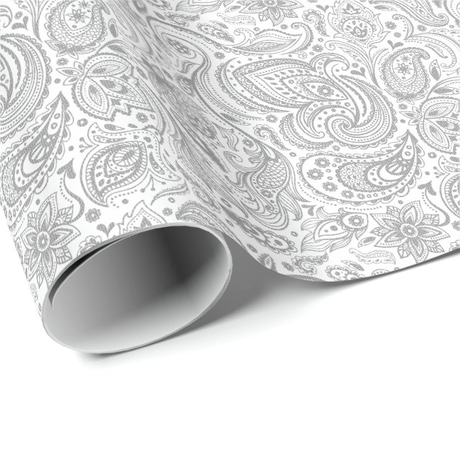 Silver Grey And White Floral Paisley Pattern Wrapping Paper (Roll Corner)