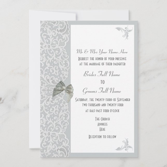 Silver grey and white lace  traditional wedding invitation (Back)