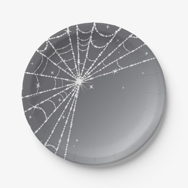 Silver-Grey and White Sparkling Diamond Spider Web Paper Plate (Front)