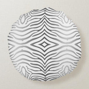 Silver Grey And White Zebra Stripes Round Pillow