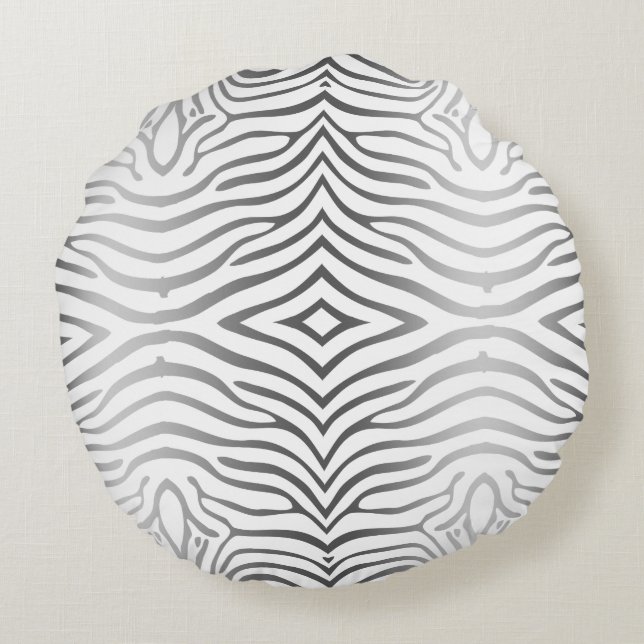 Silver Grey And White Zebra Stripes Round Pillow (Back)