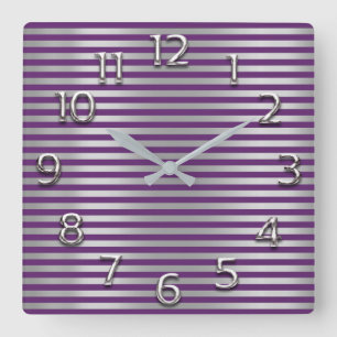 Silver Grey Arabic Numbers Purple Plum Line Stripe Square Wall Clock