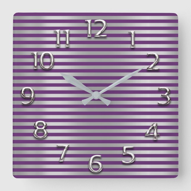 Silver Grey Arabic Numbers Purple Plum Line Stripe Square Wall Clock (Front)