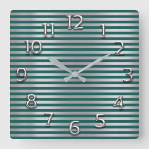 Silver Grey Arabic Numbers Teal Green Lines Stripe Square Wall Clock