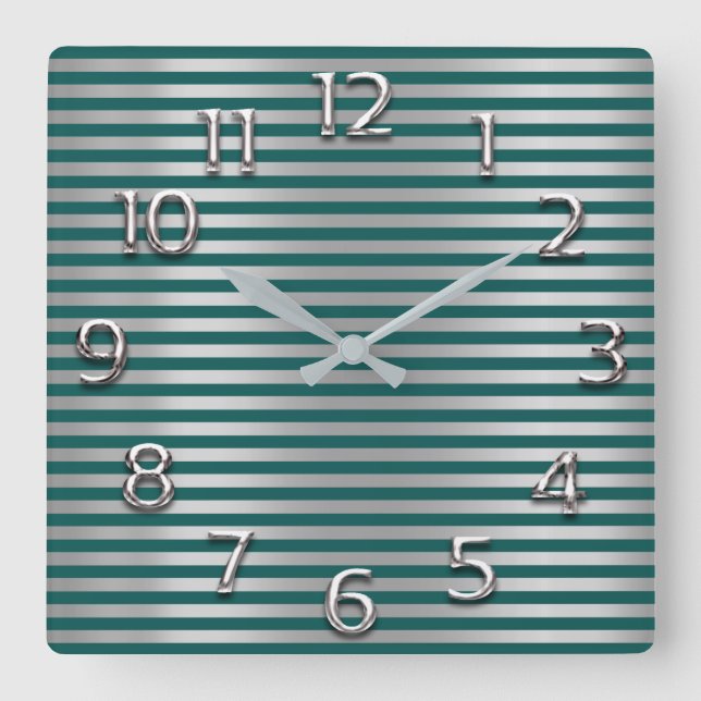 Silver Grey Arabic Numbers Teal Green Lines Stripe Square Wall Clock (Front)