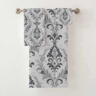 Silver Grey Baroque Damask Floral Pattern Bath Towel Set