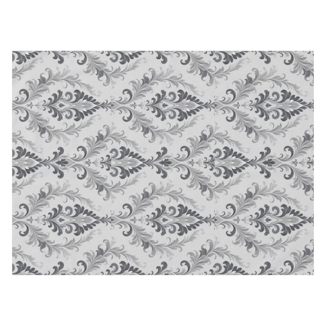 Silver Grey Baroque Damask Floral Pattern Tablecloth (Front (Horizontal))