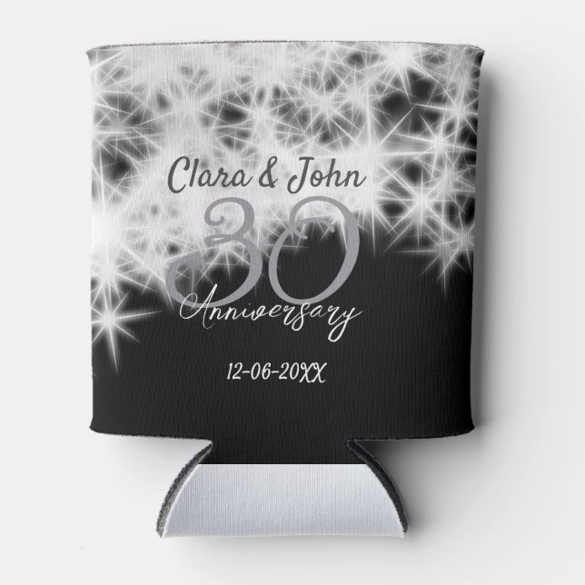 Silver grey black 30th wedding anniversary glitter can cooler (Front)
