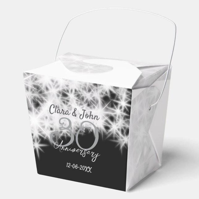 Silver grey black 30th wedding anniversary glitter favor box (Front)