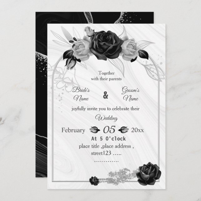 silver grey& black botanical geometric wedding invitation (Front/Back)