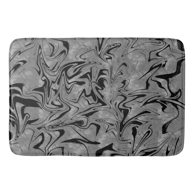Silver Grey & Black Elegant Glam Marble Swirl Bath Mat (Front)