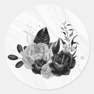 silver grey & black floral wedding classic round sticker
