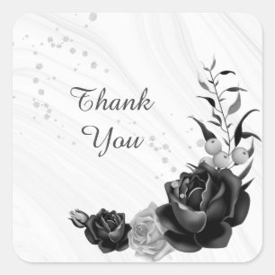 silver grey & black floral wedding square sticker