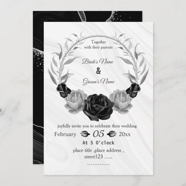silver grey & black floral wreath wedding invitation (Front/Back)