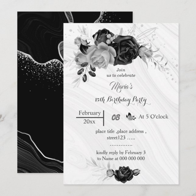 silver grey & black flowers birthday  invitation (Front/Back)