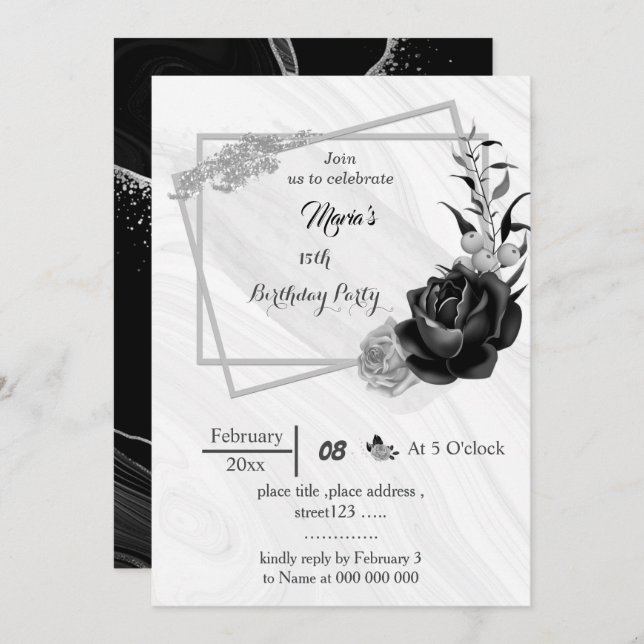 silver grey & black flowers geometric birthday  invitation (Front/Back)
