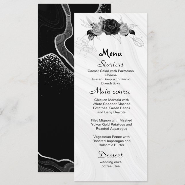 silver grey & black flowers wedding menu (Front/Back)