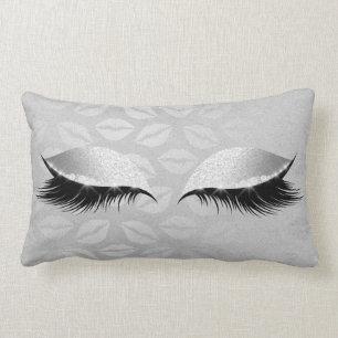 Silver Grey Black Glam Glitter Kiss Lips Makeup Lumbar Pillow