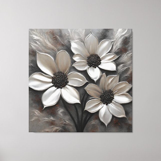 Silver Grey Black Modern Floral Canvas Print (Front)