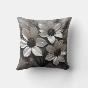 Silver Grey Black Modern Floral Throw Pillow